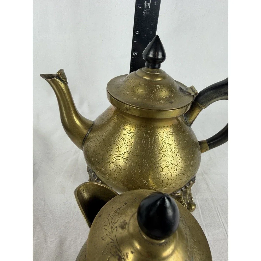 Vintage Brass Tea Set Teapot Creamer Sugar Bowl Detailed Floral Etching